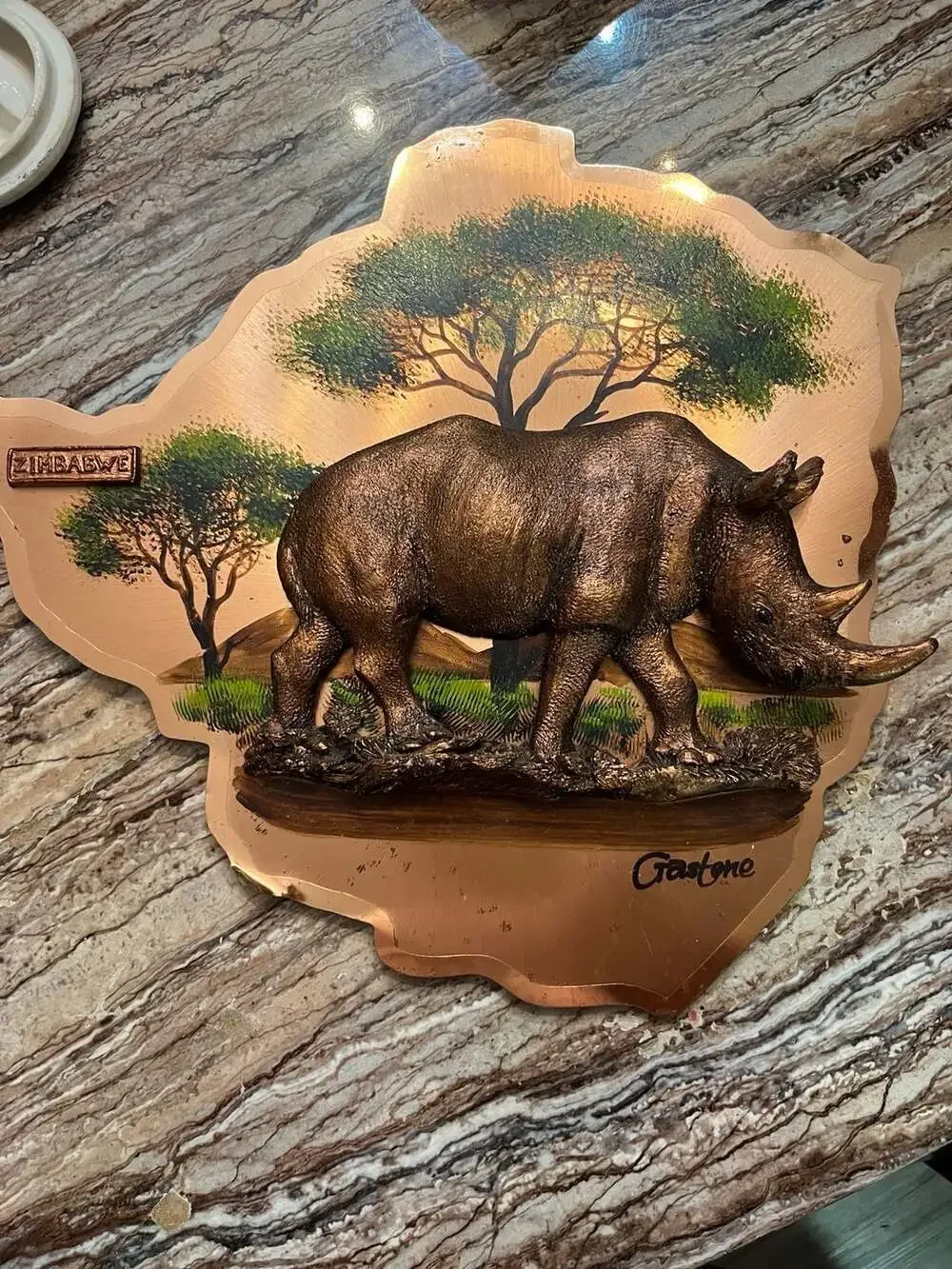 Vintage Gastone Zimbabwe 3D Copper Rhinoceros Wall Art Plaque